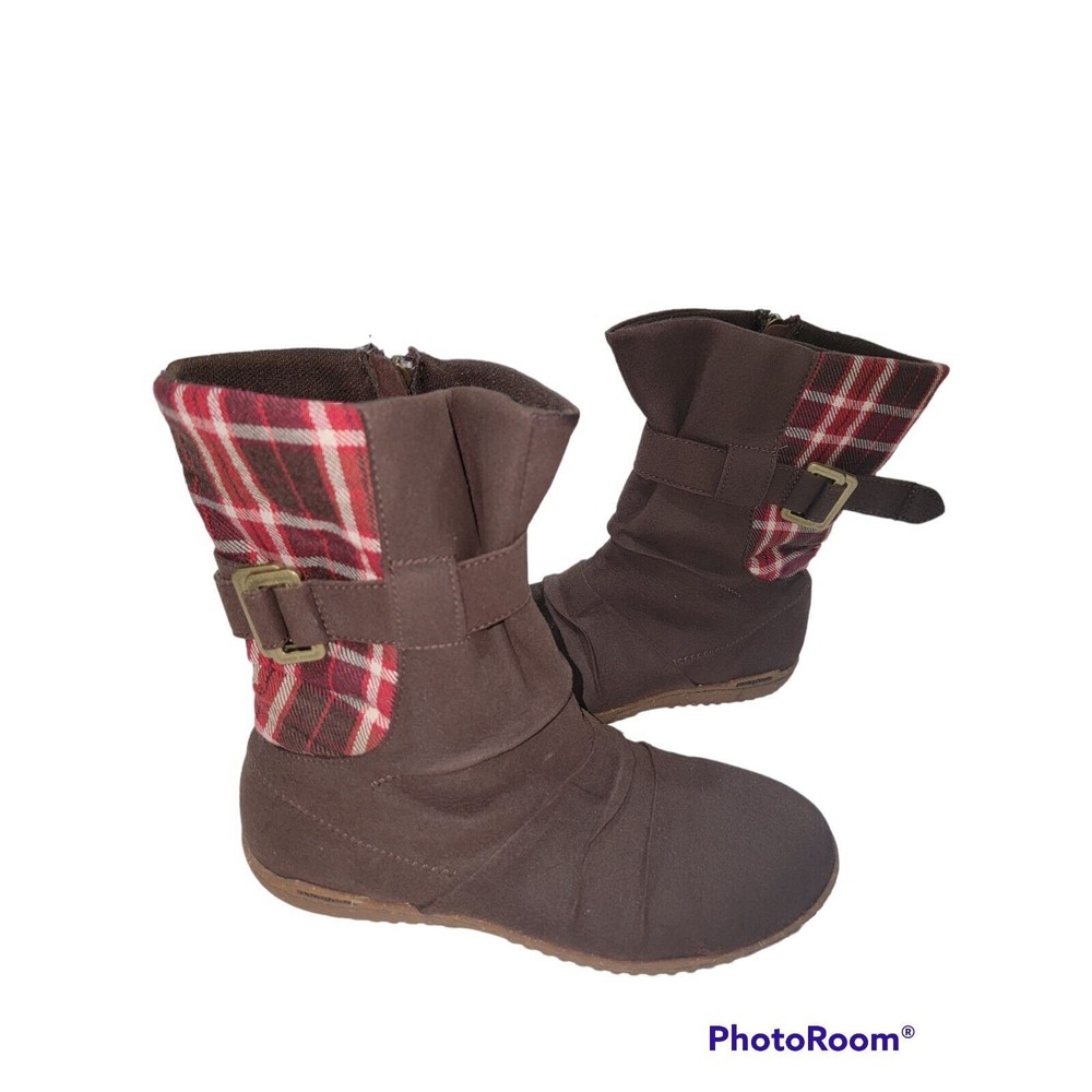 Patagonia Kula Buckle Performance Womens 7.5 Espresso Plaid Boots Zipper Suede